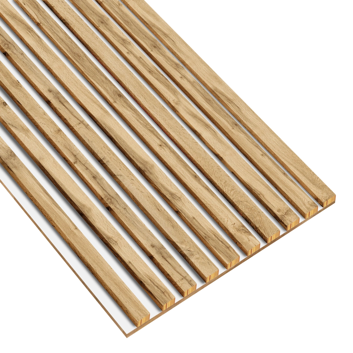 Lamele na białej płycie - 12x28 mm - 10 sztuk - moduł łączący - 46 cm - 8 kolorów - Dąb Naturalny Wotan